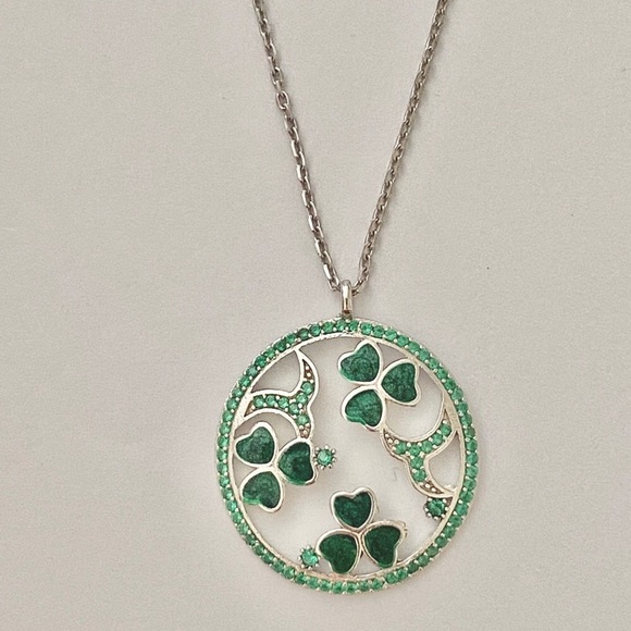 Clover necklace 925 silver green enamel green cz stones - Picture 2 of 3